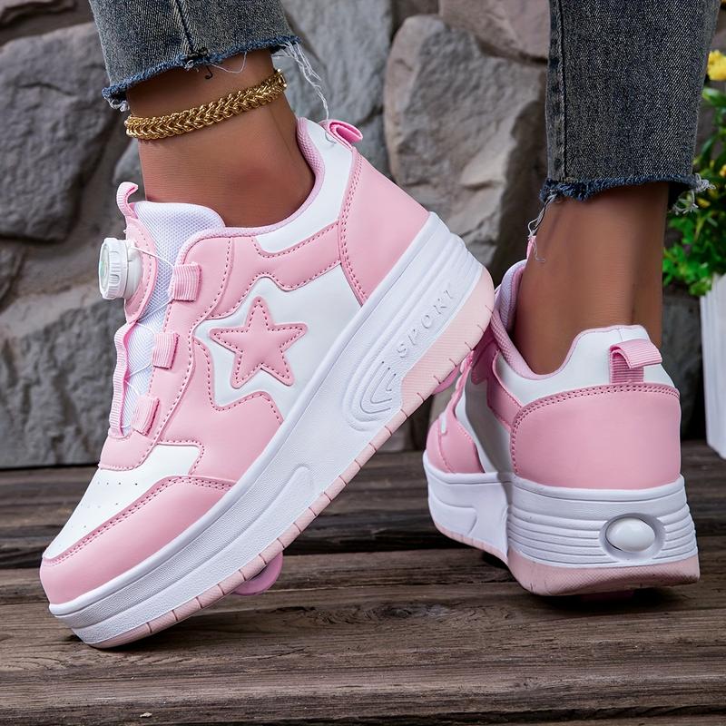 [shipping from US][shipping from US]Girls' Dual Wheel Removable Roller Skate Shoes, Low Top with Rotary Buckle Closure, PU Upper & Fabric Insole, Casual Sports Style for Roller Skating, All-Season Solid Color Sneakers for Children Under 12