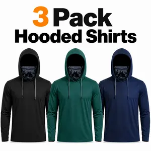 Men’s Quick-Dry Hooded Long-Sleeve Shirts with Face Cover, 3-Pack Sports Outerwear for Outdoor Fishing, Running, Includes Black, Green, Navy for Weekly Rotation