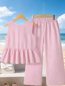 Toddler Girl's Striped Print Tank Top & Wide Leg Pants Two-Piece Set, Summer Set, Casual Sleeveless Top & Trousers for Daily Wear Striped Sets Fine Girls Outfit