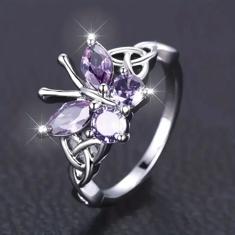 Huitan Romantic Purple Butterfly Rings for Women Charming Purple Cubic Zirconia Aesthetic Female Rings Party Fashion Jewelry