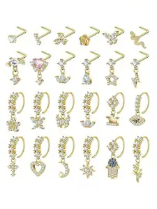 24Pcs 20G Surgical Steel Dangle Nose Ring For Women L Shaped Dangling Nose Stud Dainty Nose Hoop Set CZ Flower Leaf Heart Moon Star Butterfly Dangle Nose Piercing Jewelry