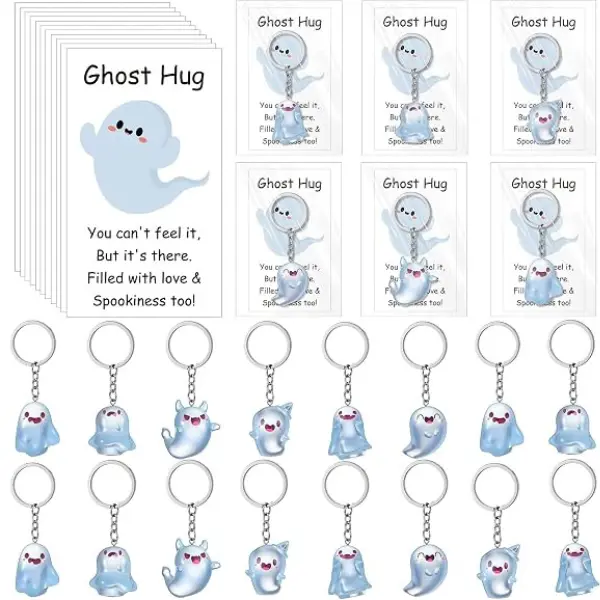 Halloween Fall Gift  24 Sets Halloween Ghost Keychain Gift Bulk | Glow in Dark Resin Ghost Charms, Funny Spooky Designs, with Cards and Bags, Ideal for Basket Stuffers, Halloween Party Favors