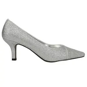 Easy Street Womens Chiffon Metallic Glitter Pointed Toe Kitten Pumps Dress Casual Mid Heel 2-3" - Silver