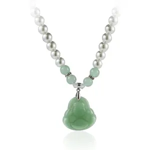 Lucky 18k Gold Plated Laughing Buddha Pendant Necklace Green Jade Cubic Zirconia Crystal Ice Out Gemstone Amulet Protection Jewelry for Women Men