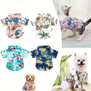 4PCS/Set Pet T-Shirts Beach Theme Hawaiian Floral Dog Shirts - Soft Cotton Knitted Breathable Moisture-Wicking Buttoned Shirts For Small And Medium Breeds