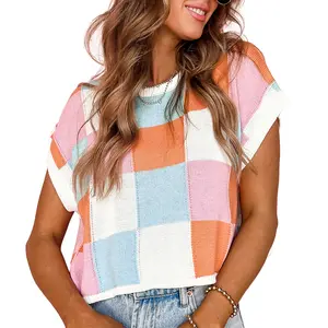 Mntaor Women's Color Block Knit Cap Sleeve Sweater Outfit in Grapefruit Orange - Casual Crew Neck Short Sleeve Pullover - Tops