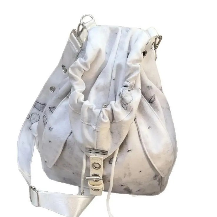 Vintage Cute 3D Bunny Ear Drawstring Backpack, Niche Distressed Print Large Capacity 2-Way Backpack Crossbody Bag for Women