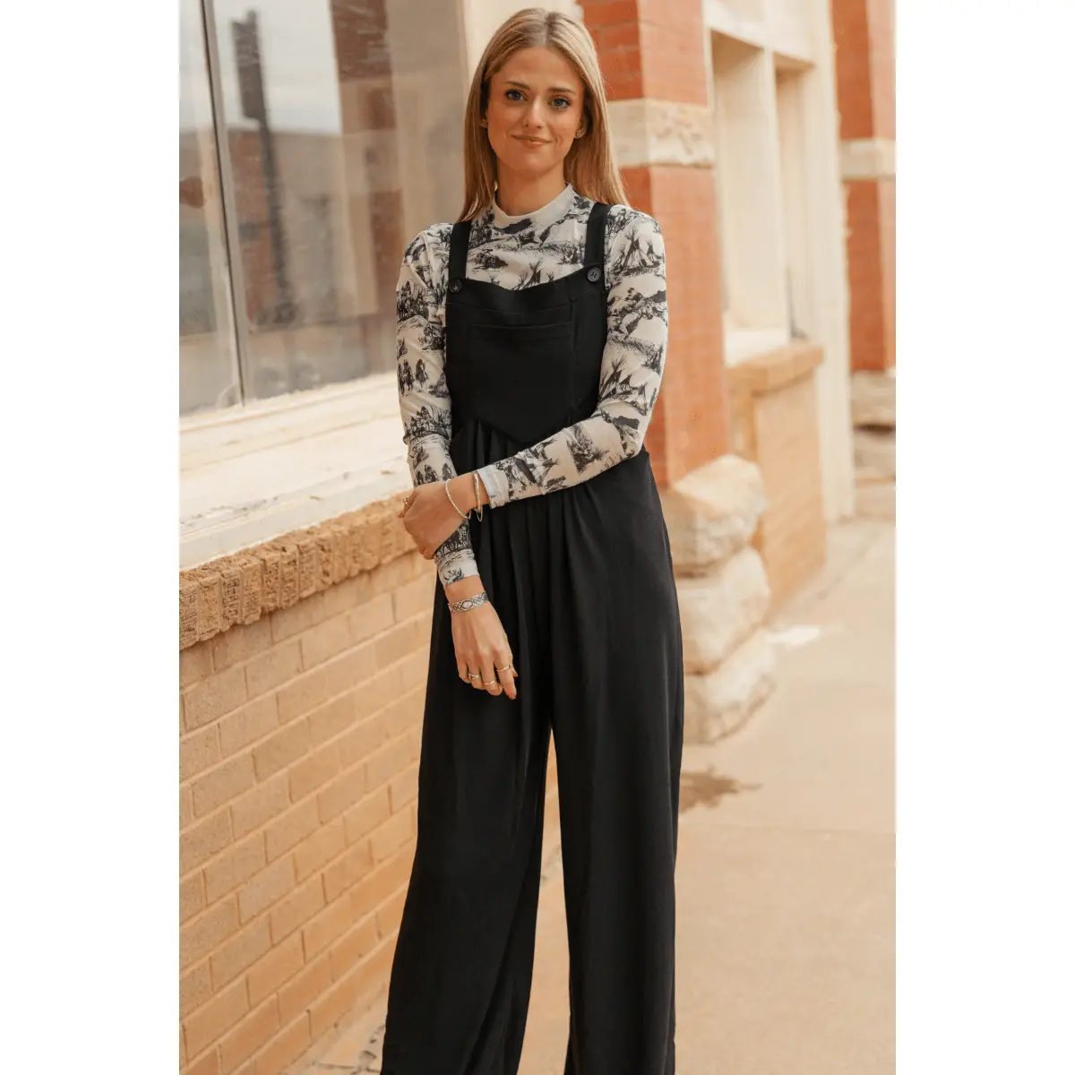 Women's Night Sky Wide Leg Jumpsuit - Casual Western Overall with Adjustable Button Straps, Easy to Layer for All Seasons, Lightweight, Modest, Long Sleeve, Graphic, Light, Style, Fabric, Loose, Everyday, Piece, Minimalist