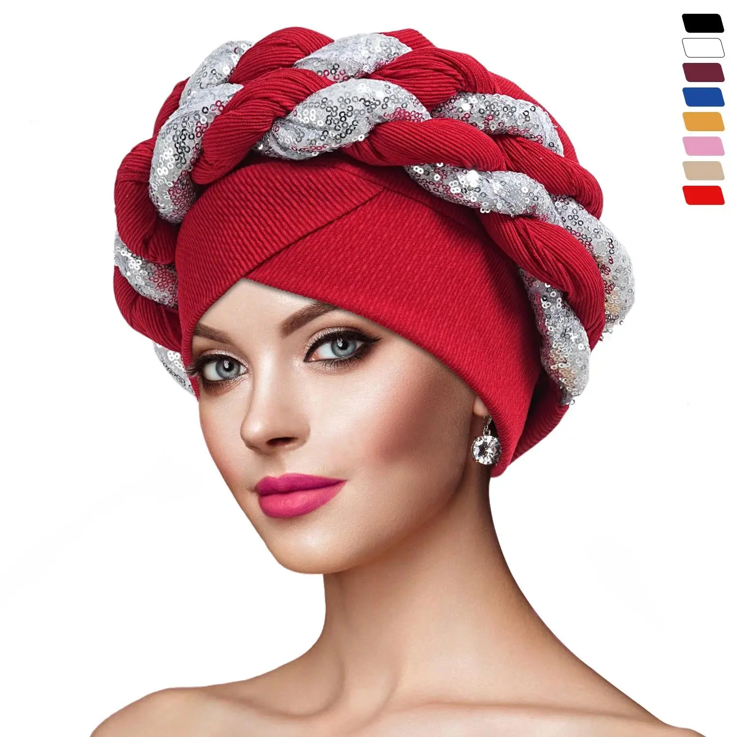 African Hair Turban for Women, Gold Pre-Tied Braided Aso Oke Style Bonnet, Chemo and Muslim Head Wrap, Brass, Bonnet Hat, Chemo Caps, Afro Bonnet Hats