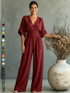 Summer new Womenswear V-neck one-piece wide leg pants, Dress up jumpsuit, with cinched waist for slimming effect, Bubble sleeve design, suitable for daily travel, afternoon tea, commuting