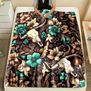 Ultra-Soft Vintage Floral & Bull Skull Throw Blanket - Perfect for Sofa, Couch, Office, Camping, Bed, Travel | Durable Polyester, Machine Washable | Ideal Gift for Thanksgiving & Christmas,Fluffy Blankets For Decorative Sofa Portable