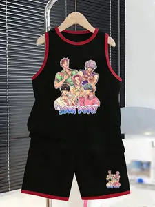 Summer Boys' Sports Set, Anime Boy Group Role & Soda Pop!! Cartoon Print, Sleeveless Vest & Short Pants Two-Piece, Casual Comfortable