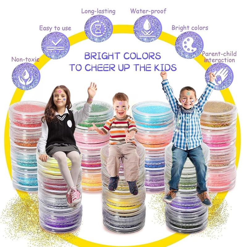 Temporary Glitter Tattoo Kit for Kids & Adults, 42 Glitter & 6 Fluorescent Color, 209 Stencils, 4 Glue, 5 Brushes, 1 Diamond Sticker, Safe & Easy Removal Face Body Art Birthday Party Supplies