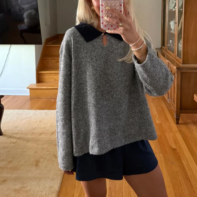 Women Y2k Color Block Polo Sweaters Long Sleeve Lapel Loose Knitted Tops Preppy Teens Oversized Jumper Tops Party Streetwear