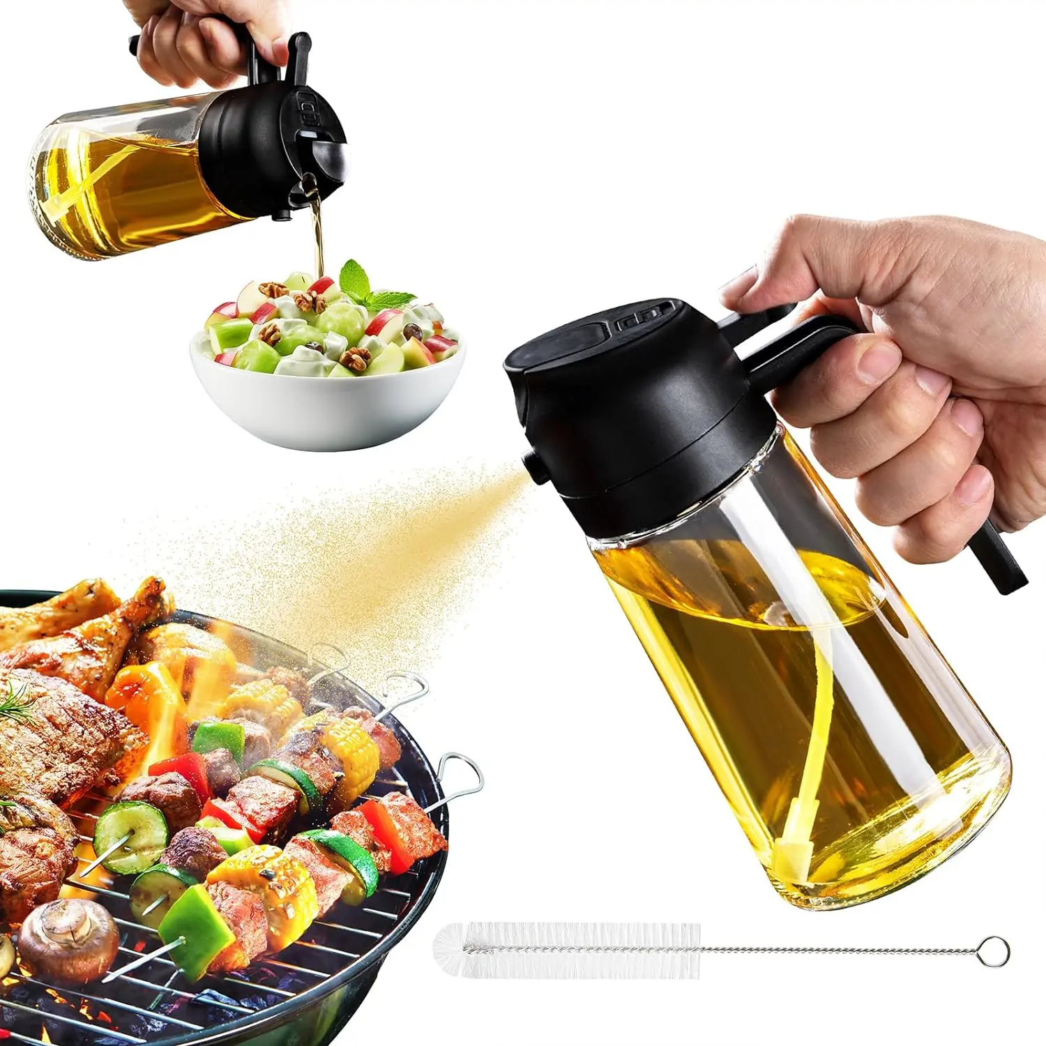 16oz Glass Oil Dispenser - 2-in-1 Kitchen Gadgets Utensils with Sprayer & Brush, Mess-Free Cooking Oil Container for Cooking, Multicolor