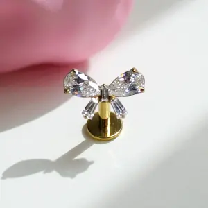 Bow Belly Button Ring Gorgeous Cz Gem Decor Gold Silver Threadless Push Pin Piercing Jewelry for Women
