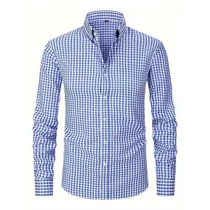 Men’s classic-style plaid long-sleeve button-down lapel shirt for spring and autumn—casual, trendy tops suitable for business and outdoor leisure.