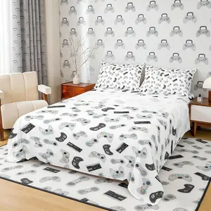 4pcs Gamer Bed Sheet Set,Black Grey Video Game Sheets for Kids Boys Teens Bedroom Decor,Youth Gaming Bedding Set with Deep Pocket Flat Sheet and