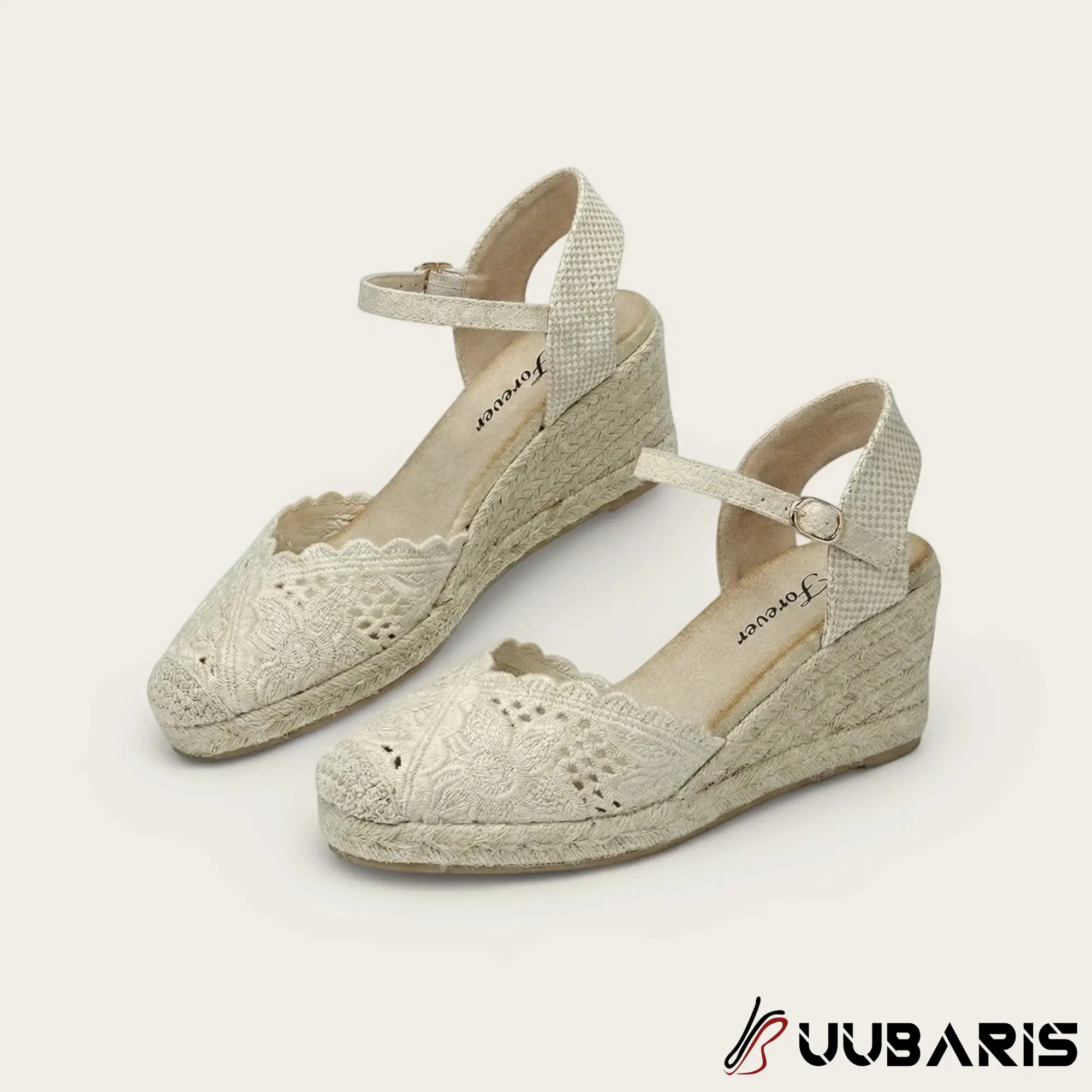 UUBARIS Lace Espadrille Wedge Sandals - Ankle Strap Closed Toe Heels , Bohemian Beige Summer Wedges