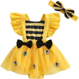 Newborn Baby Girl Summer Outfit Ruffle Fly Sleeve Striped Tulle Romper Dress Bee Onesie with Headband