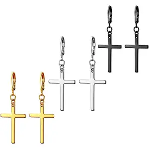 3 Pairs Cross Earrings for Men Women - Stainless Steel Hoop Dangle Drop Cross Earrings Silver Gold Black