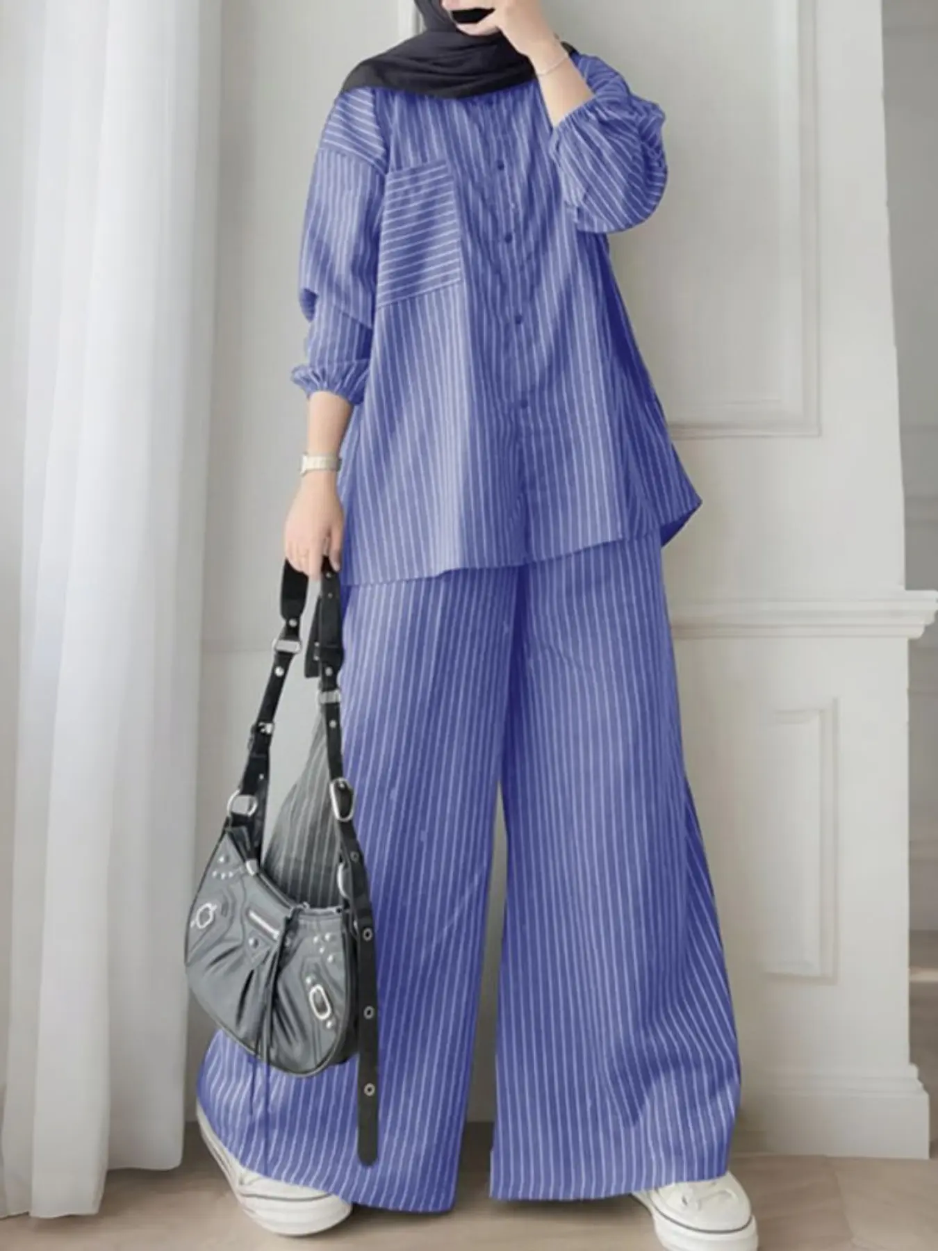 Women's Collared Nine-Quarter Sleeve Striped Open Front Shirt, Elastic Waist Wide Leg Pants Set, Casual Two-Piece Outfit Sets Women, Matching Clothing Set