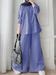 Women's Collared Nine-Quarter Sleeve Striped Open Front Shirt, Elastic Waist Wide Leg Pants Set, Casual Two-Piece Outfit Sets Women, Matching Clothing Set