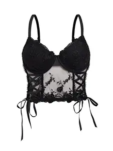 Women's Floral Embroidery Lace Crop Cami Top, Sexy Fashion Casual Sleeveless Crop Spaghetti Strap Crop Top for Daily Outdoor Wear, Women Top Clothes for Summer, Lace Tops, Womenswear