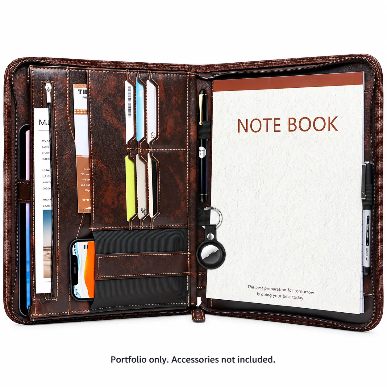 PU Leather Zippered Portfolio Organizer, Document Folder with Tablet and Phone Pockets for Work, Meetings and Interviews