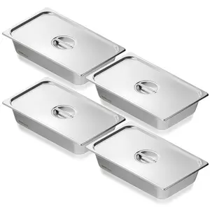 VEVOR 4 Pack Hotel Pans,  Full Size Anti-Jam Steam Pan with Lid, 0.8mm Thick Stainless Steel Steam Table Pan, 4-Inch Deep Commercial Table Pan, Catering Storage Food Pan, for Industrial & Scientific Plates Sturdy