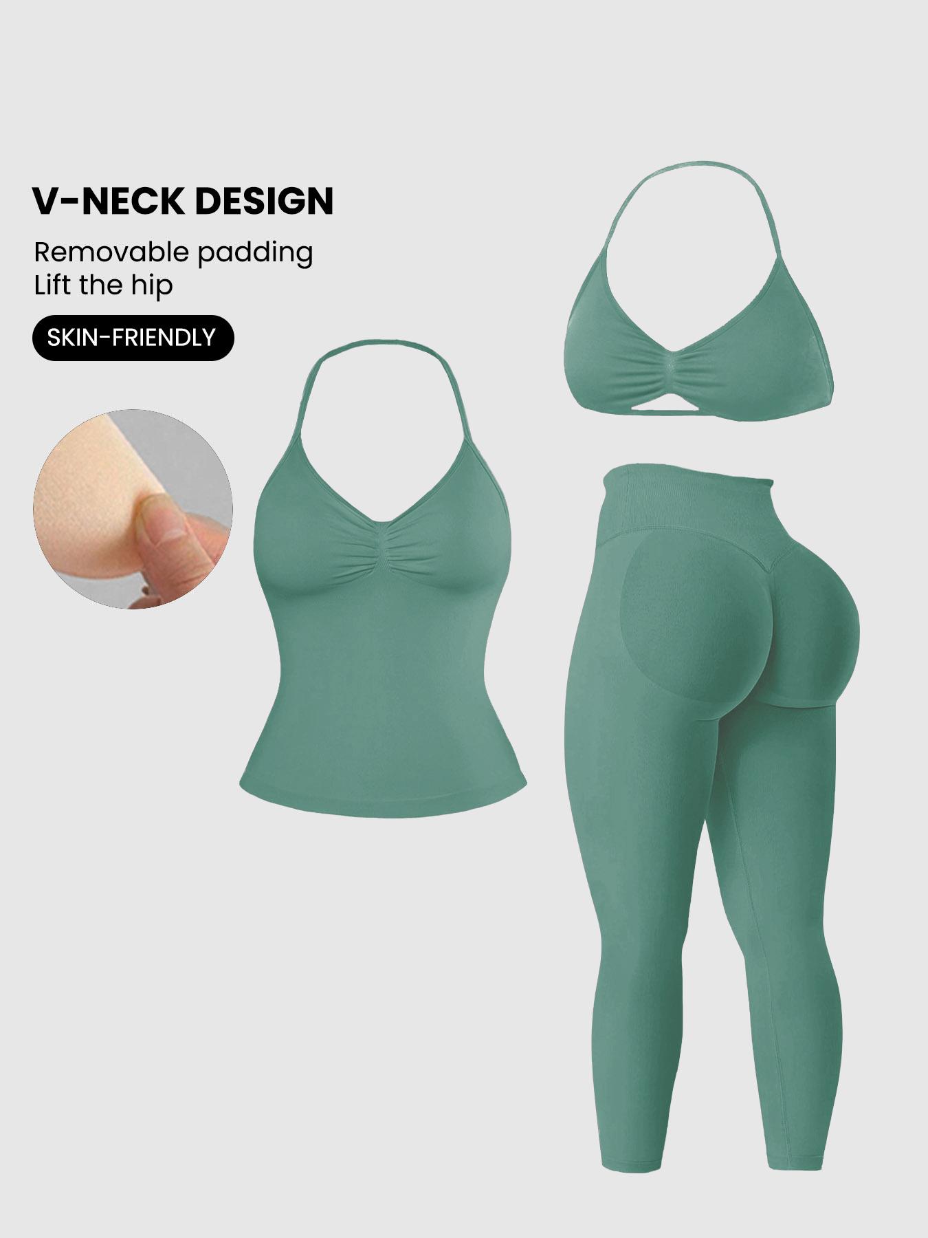 Women'S Halter Top + Sports Bra + High Waist Tight Pants 3 Piece Set, Detachable Pads, Butt Lifting, Abdominal Support, Yoga Fitness Daily Wear