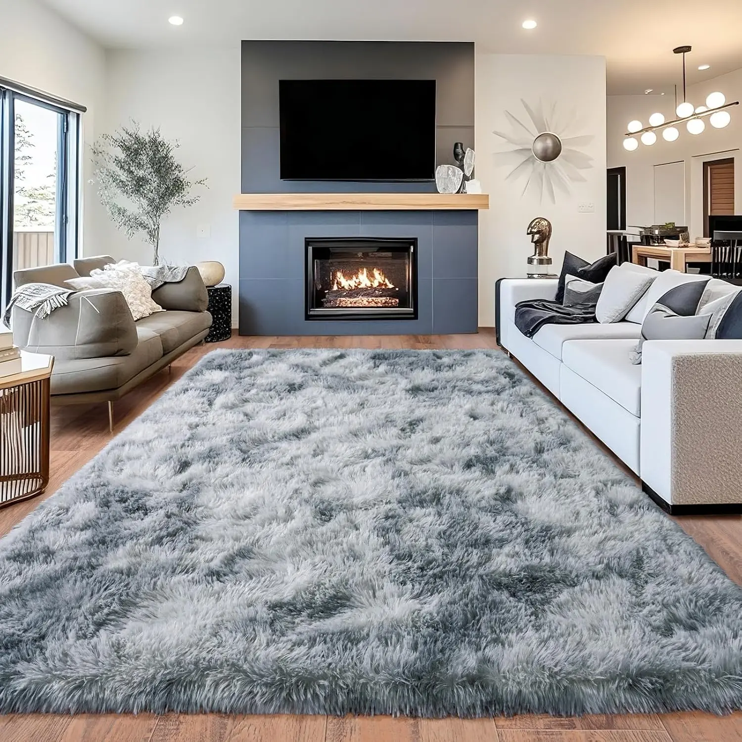 Tie-Dye Silver Grey Rug for Living Room, Fluffy Shaggy Area Rugs | Plush Anti-Skid Floor Carpets, Ultra Soft Modern Indoor Shag Rug for Bedroom Nursery Kids Room Dorm Home Decor Aesthetic