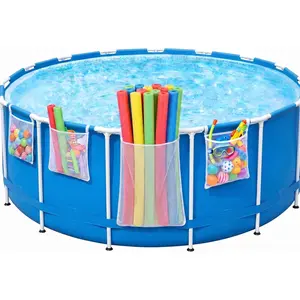 4-Pack Poolside Mesh Storage Bags with Adjustable Straps, 1-Second Install Above Ground, Hanging Organizer for Pool Toys, Pool Noodles, Floats, Beach Balls