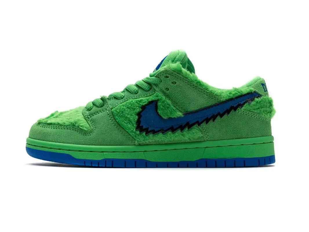 Bright Green Fuzzy Low Top Skate Sneakers for Men Women, Blue Contrast Outsole, Serrated Side Logo, Fluffy Plush Upper, Unopened Original Box, Cute Couple Street Trainers