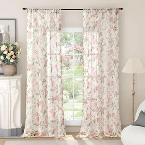 Floral Sheer Curtains for Girls Bedroom, Vintage Farmhouse Light Filtering Privacy Semi-Sheer Linen Curtains for Kids Nursery 84 Inches Long 2 Panels, Rod Pocket, Pink, Each 52 Inch Wide