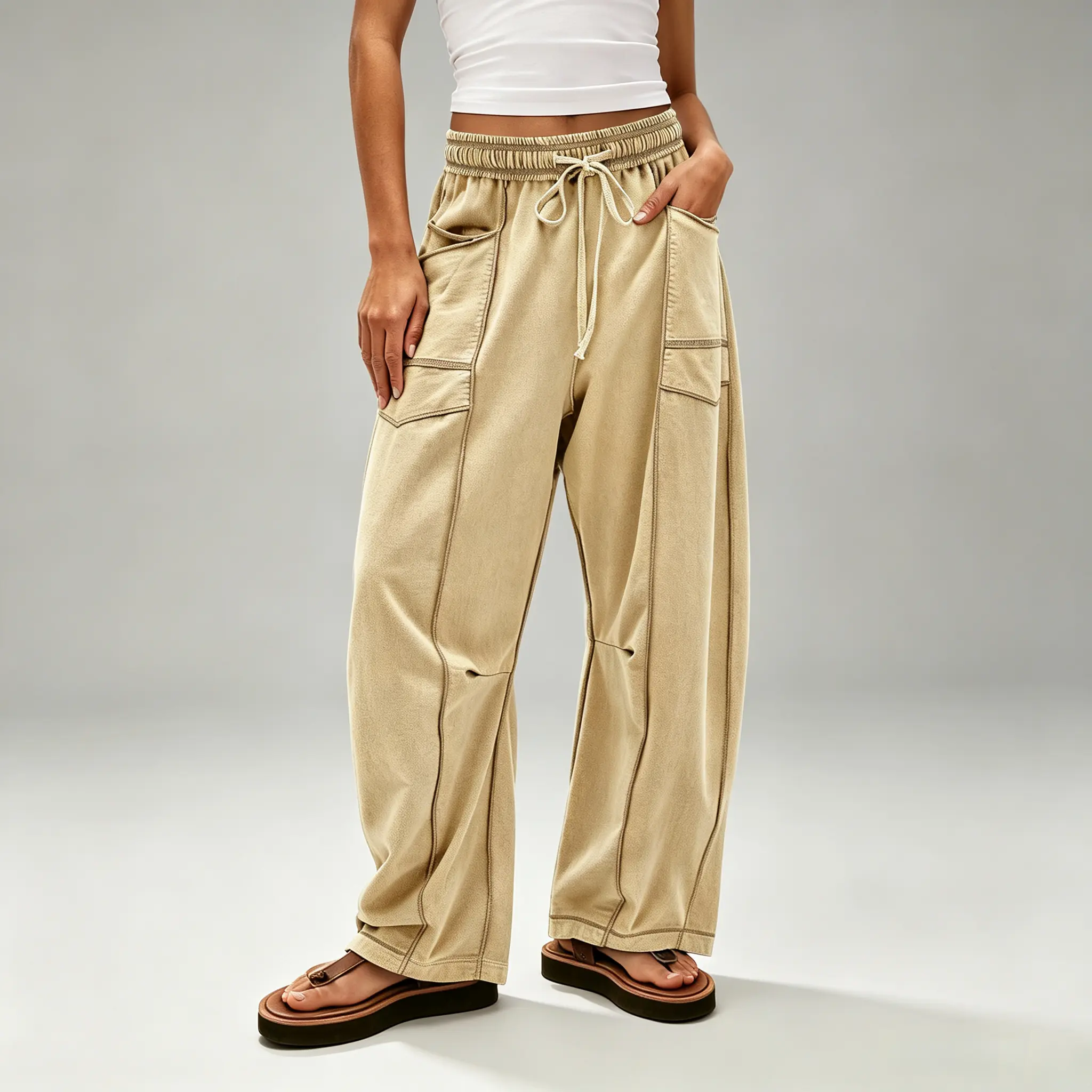 Women's High-Waisted Baggy Sweatpants with Contrast Stitch, Wide Leg, Pockets, Drawstring Waist, Soft Fabric for Daily Wear, Female Sporty Chic Active Bottoms, Everyday Active, Sporty Sports Bottoms