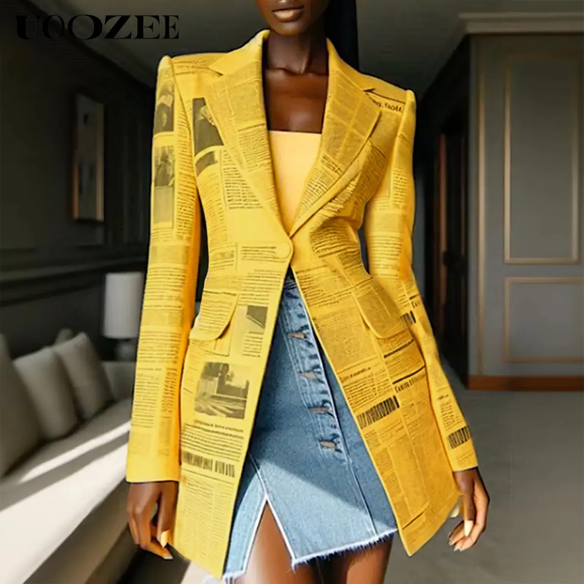 UOOZEE Women's Polyester Newspaper Print Blazer - Slim Fitted Long Sleeve Button-Front Jacket with Notched Collar, Pockets, Comfortable for Office/Party (Sizing Runs Small)