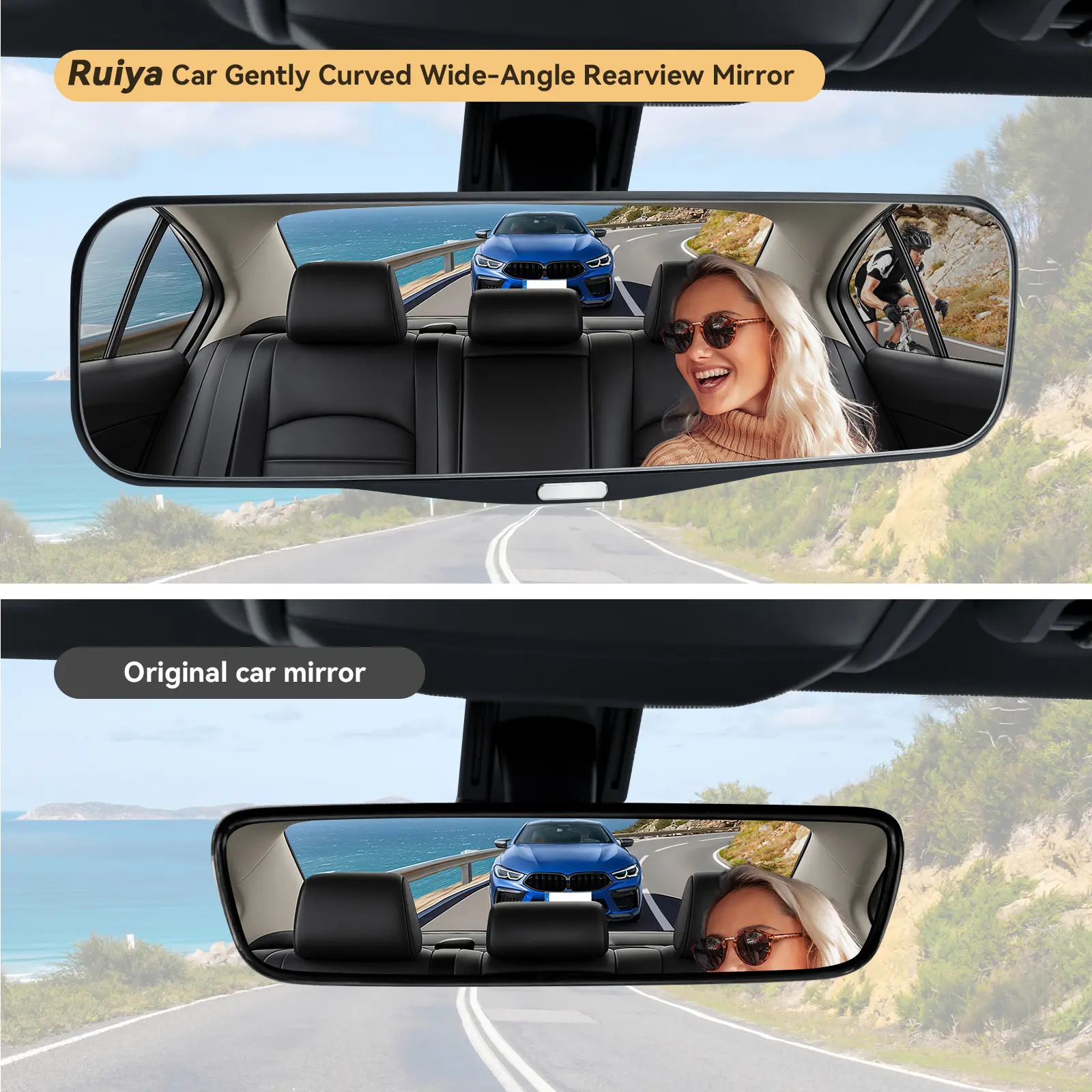 RUIYA Wide-Angle Blindspot Mirror (1 Piece), Chrome-Plated Glass No-Distortion Micro-Curved Mirror with 11.9in×3.3in Frame, 3-Second Install, Universal for Cars, Trucks, RVs, 100% Money-Back Guarantee, Fits GM, Ford, Toyota, Honda, Stellantis, Chevy, Abs