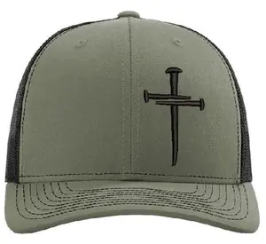 Christian Hats for Men Women Jesus 3 Nail Cross Loden Green/Black 112 Mesh Back Hat