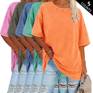 Pack of 5 women’s summer fashion dyed cotton shirts; unisex gym retro thick design, 230 g thickness; pure cotton T-shirts; street apparel vintage style; short sleeves with a collar.