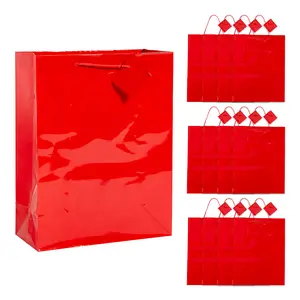 10 1/2" x 13" Large Red Paper Gift Bags with Tags - 12 Pc.