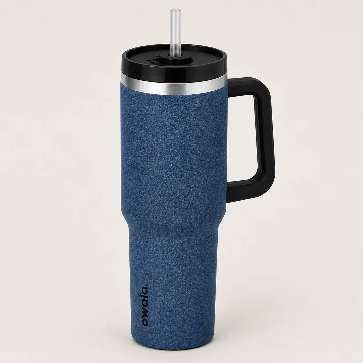 Owala 40oz Denim Tumbler, Textured Deep Blue Design with Black Handle and Straw