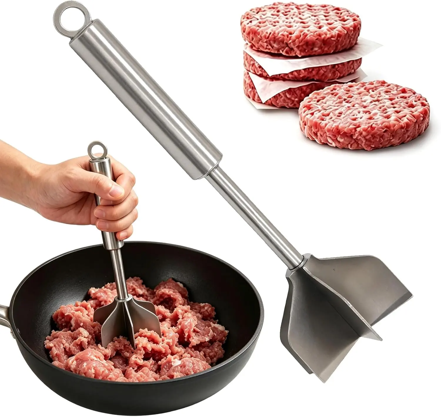 Stainless Steel Meat Chopper & Masher, 10.2 Inch 6-Blade Ground Meat Chopper with Handle, Heavy Duty Food Grade Tool for Ground Beef, Hamburger, Potato and Chicken