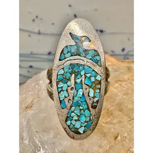 Long Phoenix ring southwest turquoise chips size 8 sterling silver women