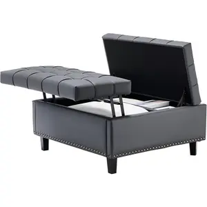 VEVOR 31.5 Inch Square Leather Ottoman with Storage, Upholstered Tufted Button Coffee Table Ottoman with Lift-Top & Flip Design, PU Leather High-Density Sponge for Living Room, Bedroom, Dorm, Grey