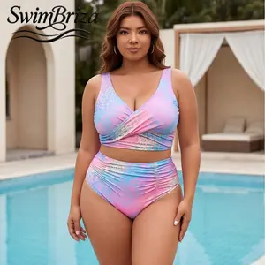 Briza｜Women's Plus Size Pink Blue Leopard Tankini Swimsuit Wrap Front Two Piece Bathing Suit with High Waisted Tummy Control Bikini Bottom Flattering Vacation Swimwear for Beach Pool and Resort, Women's Swimwear, Bathing Suit for Women
