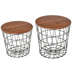 2-Piece Nesting End Tables, Round Accent Side Tables with Removable Top and Storage for Living Room, Black/Brown