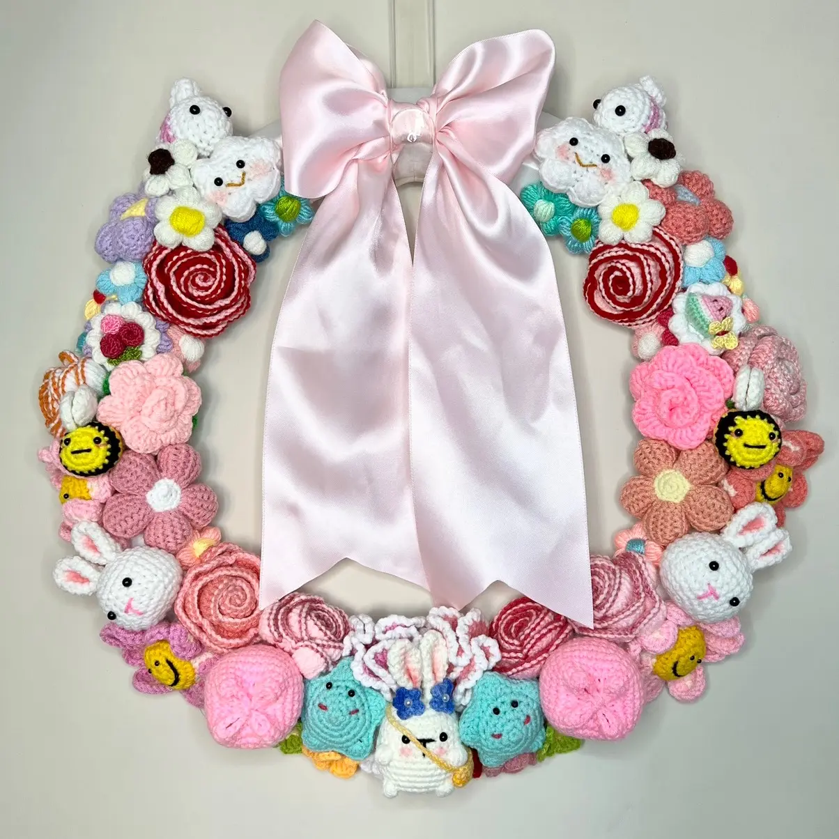 Wreath for baby’s room, front door, livingroom/ wall hanging/ crochet wreath for home decor/ home improvement/ rabbit and rose crochet wreath Decorative Nature Ornaments Hangable Decoration