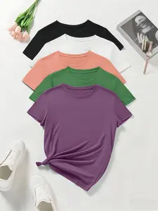 Elegant Print Tee - Women'S Round Neck Short Sleeve T-Shirt,5-piece Casual & Sporty, S-XXL, Multiple Colors Available, Casual Wear | Elegant Solid color  Tee | Comfortable Fit, Ladies T Shirts Crew Neck T-shirt, Casual Short Sleeve T-shirt For Spring