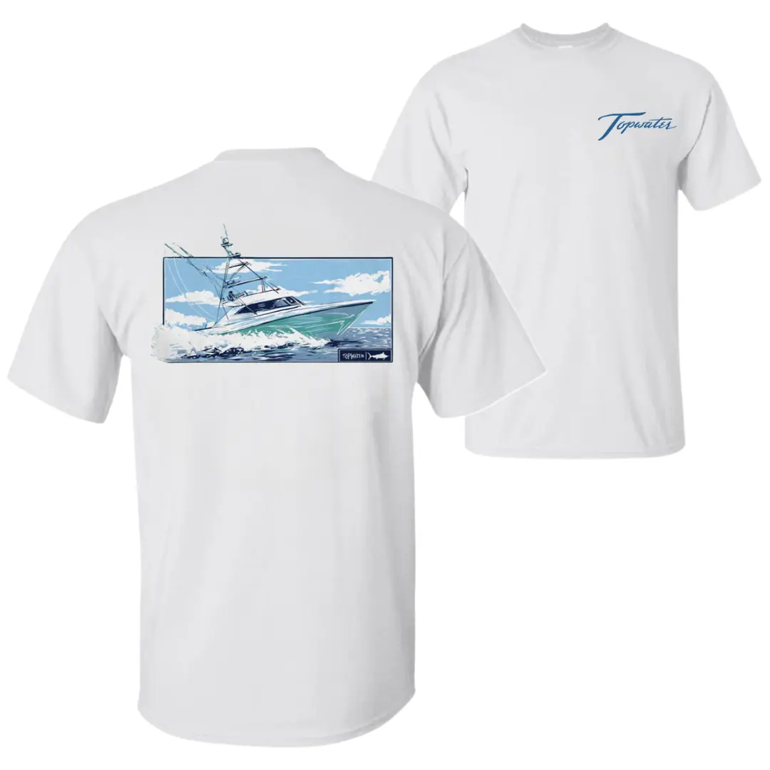 Topwater Offshore Fishing Boat T-Shirt, Vintage Tailing Redfish Flag Graphic Tee, Soft Cotton Shirt, Nautical Ocean Lifestyle Apparel for Men & Women, Boating Gift